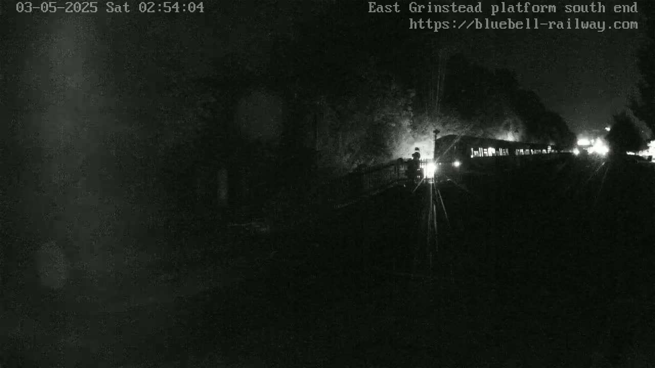 A dimly lit train is at a nighttime station, possibly in the rain.