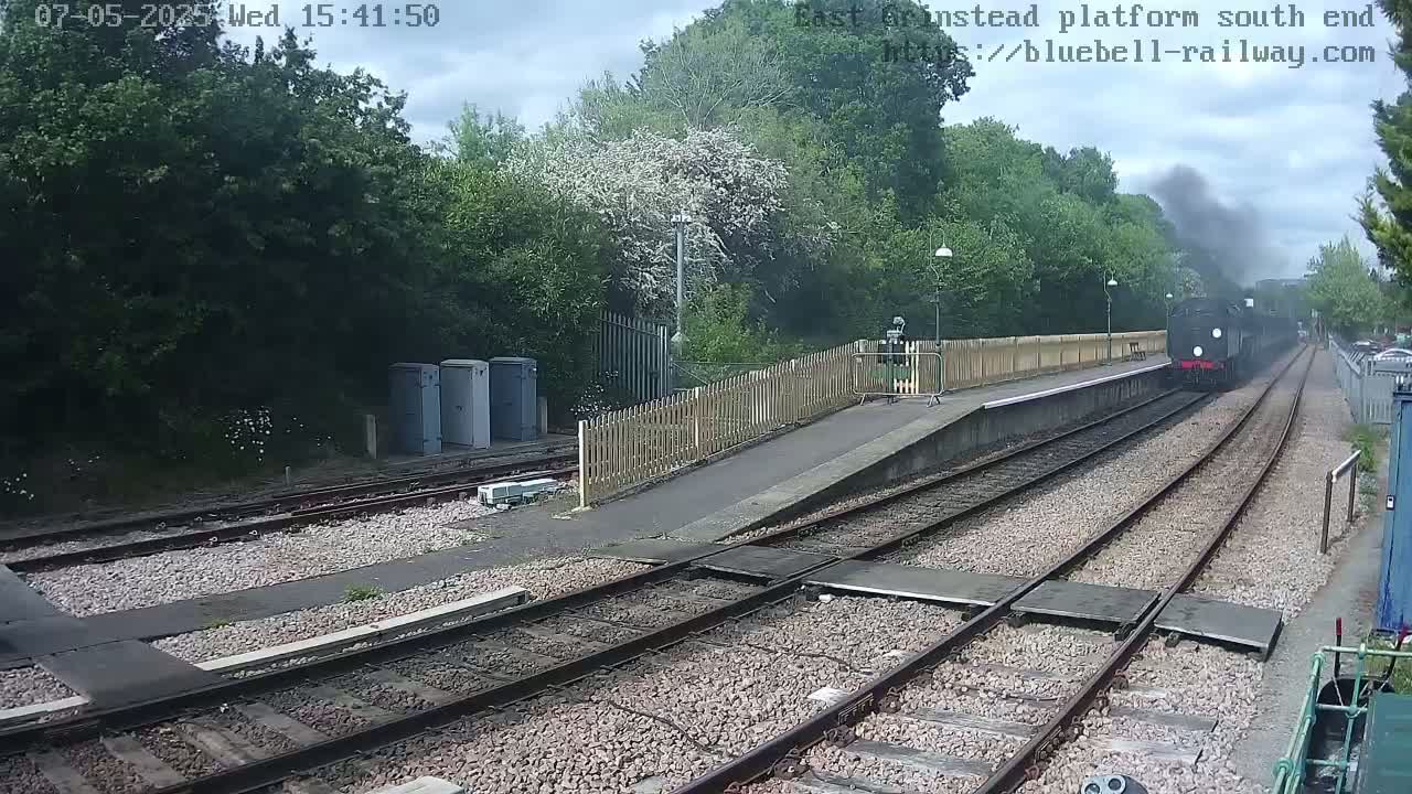 A black steam train is departing from a railway station on an overcast day, passing alongside a wooden fence and lush greenery.