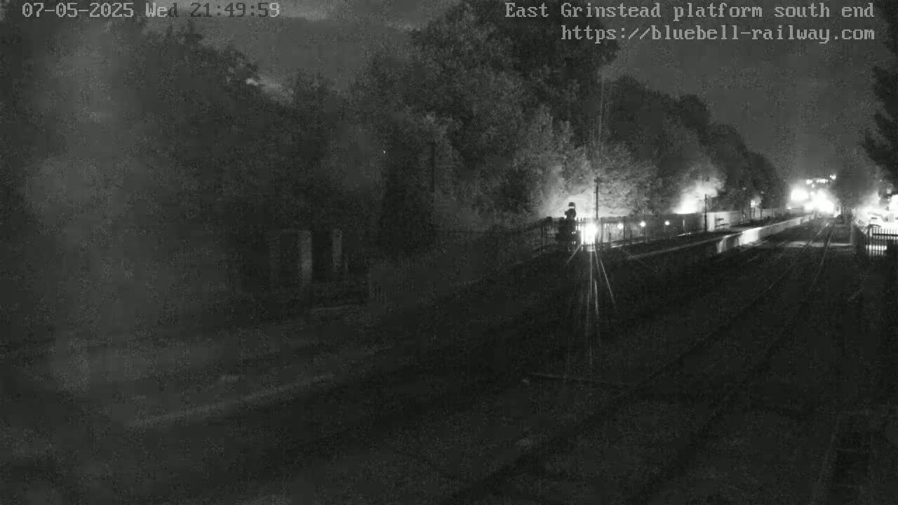 A nighttime, low-light view of a train platform with trees and some lights visible in the background.