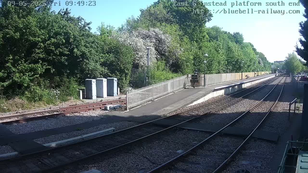 A sunny day at a train station with a platform, tracks, and trees.