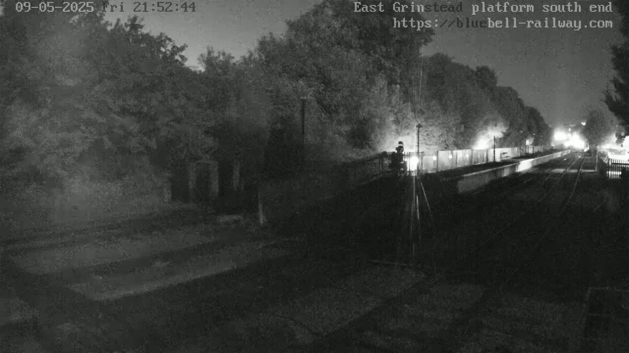 A nighttime, low-light view of a train platform, with trees and a fenced-in area visible in the background.