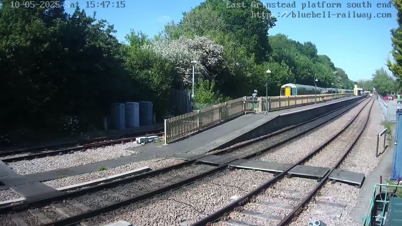 A train sits at a station platform on a sunny day next to a wooden fence and lush green trees.