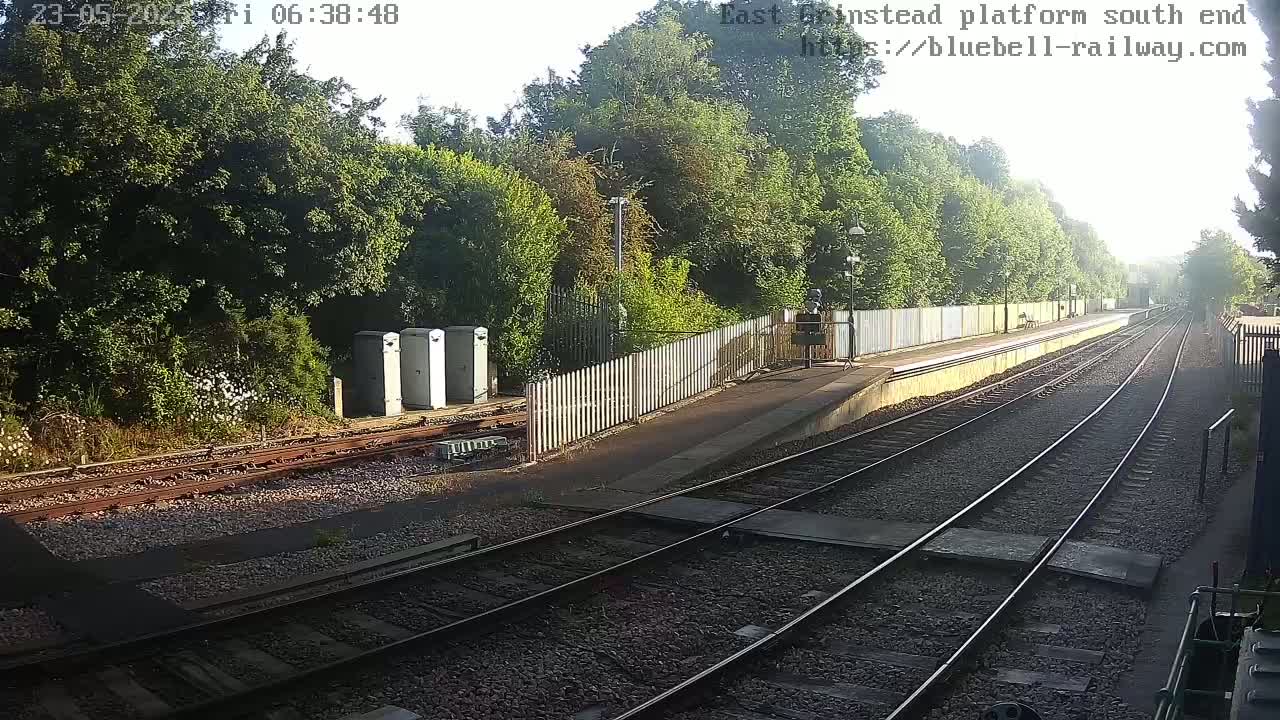 A sunny view of a train station platform with multiple train tracks extending into a wooded area.