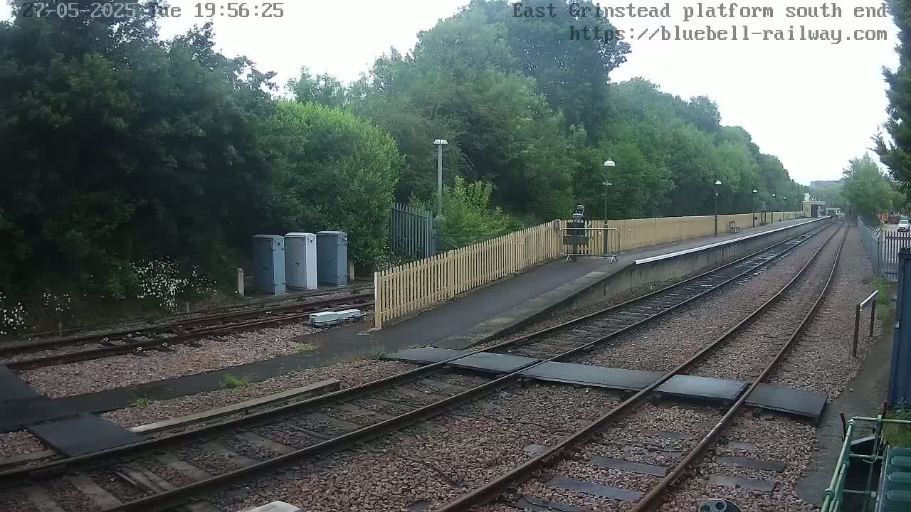 A view of a train platform with multiple train tracks extending into the distance, surrounded by lush green trees under an overcast sky.