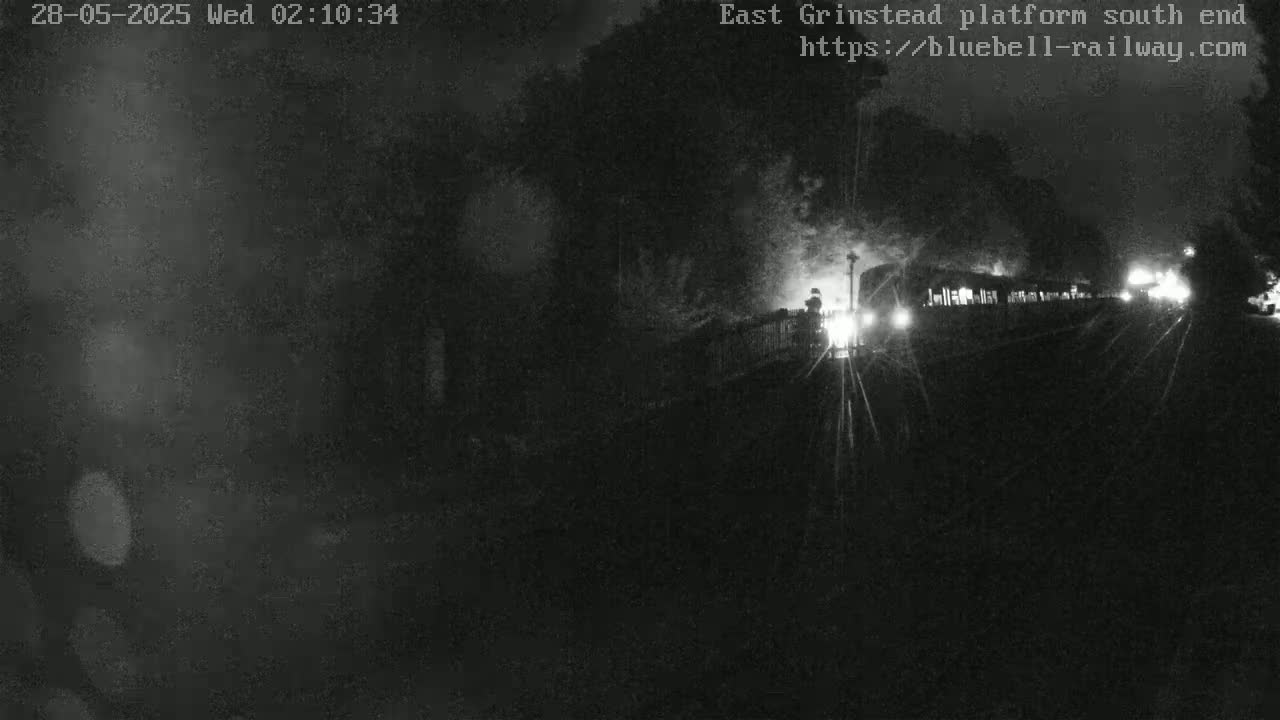 A nighttime, low-light image shows a train departing a station, its lights and steam visible against a dark background of trees.