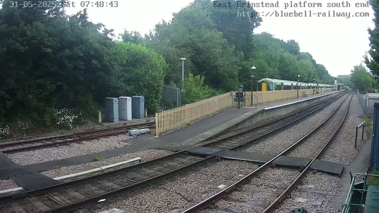 A train sits at a platform next to a wooded area on an overcast day.