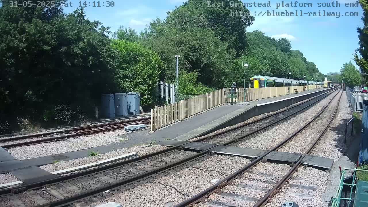 A train sits at a station platform on a sunny day next to a wooded area.
