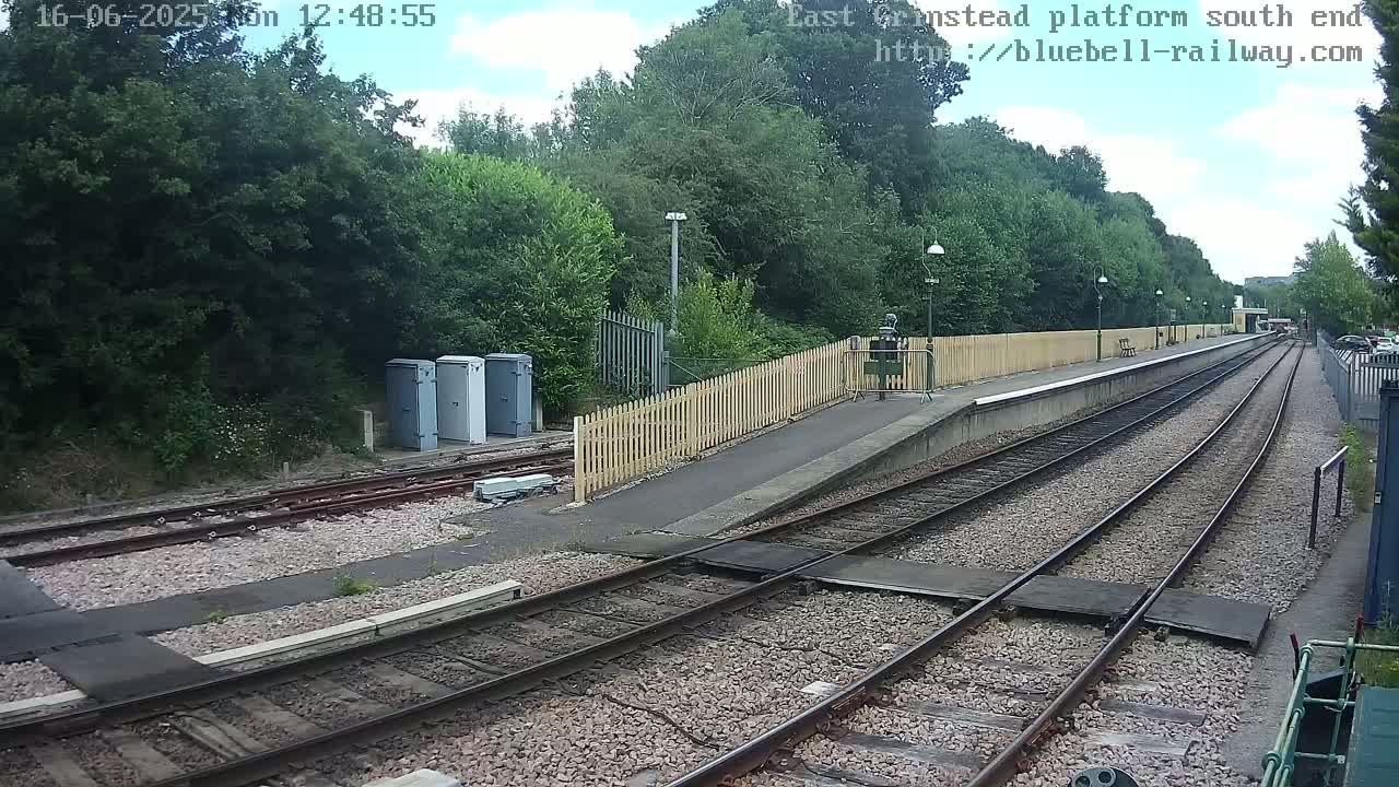 A train platform with two sets of tracks extends into the distance under a partly cloudy sky, surrounded by lush green trees.