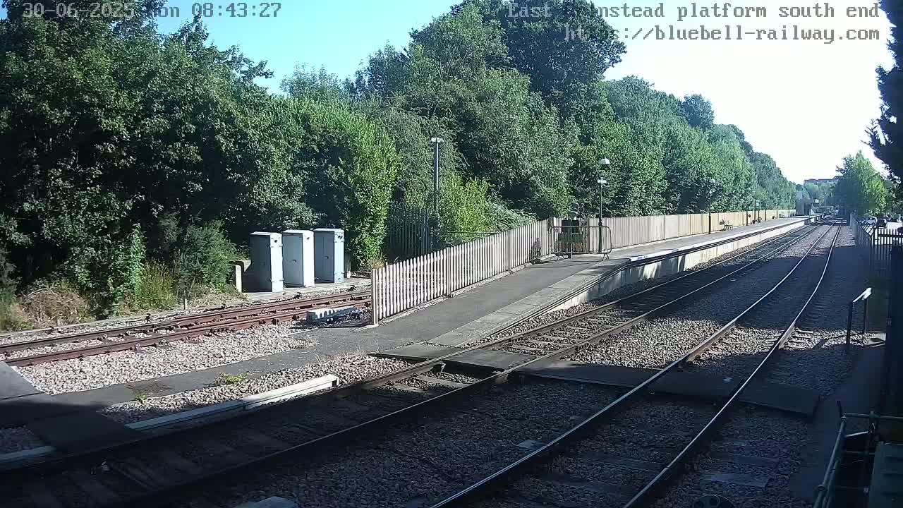 A sunny day at a train station with a platform, tracks, and lush green trees bordering the area.