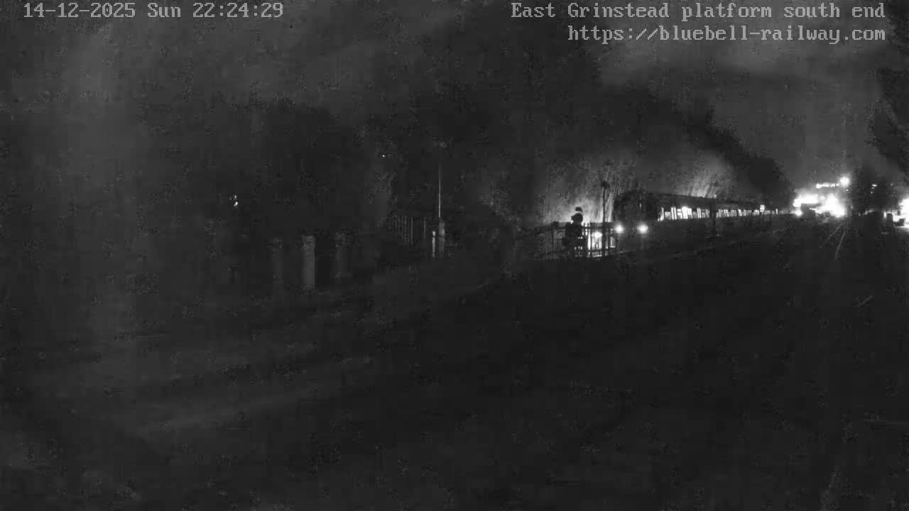 Multiple railway tracks run through a quiet station with a platform, a wooden picket fence, lampposts, and a backdrop of various trees, under a bright, possibly frosty morning sky.