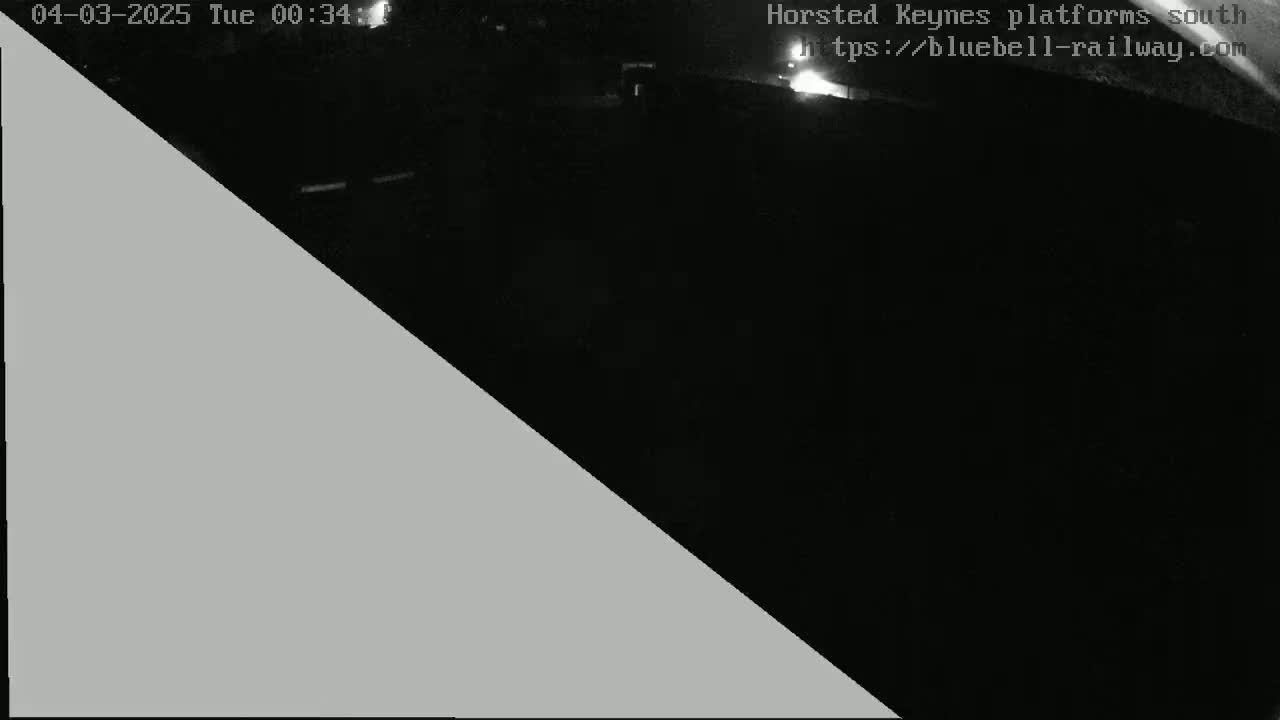 A nighttime, low-light image shows a mostly dark scene with a gray triangle in the lower left corner.