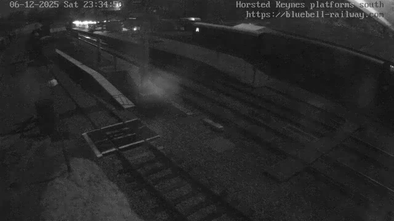 A grainy, monochrome, overhead view captures a misty train station with multiple tracks and platforms at night.