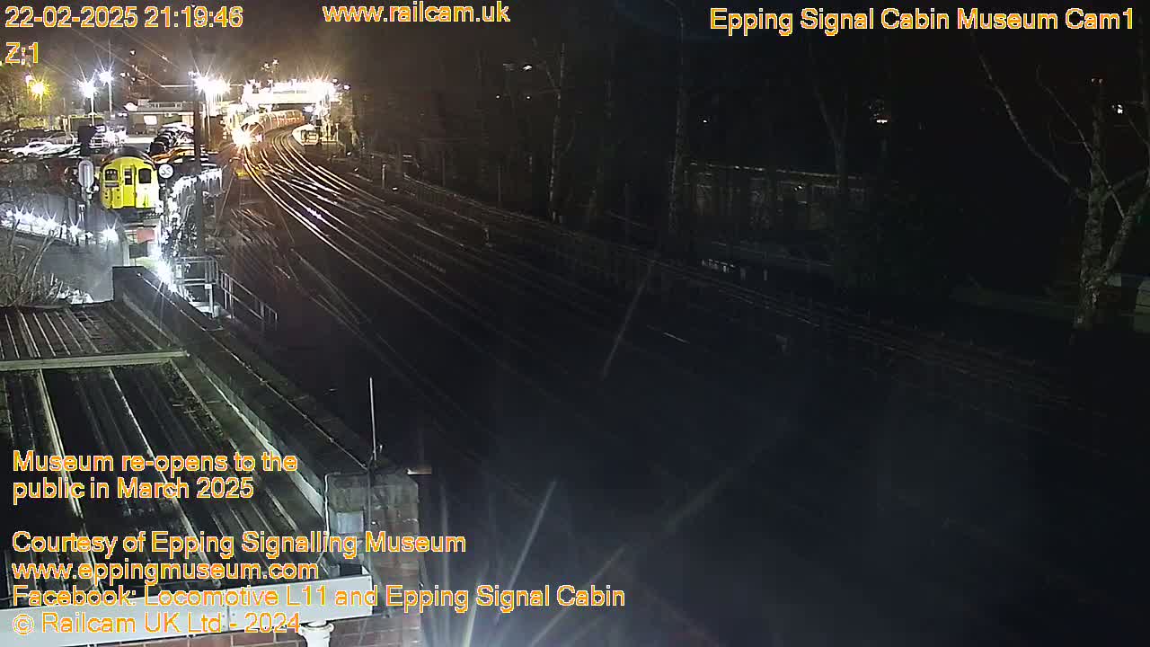 A nighttime view of a train station with multiple train tracks, a train, and surrounding trees under dark conditions.
