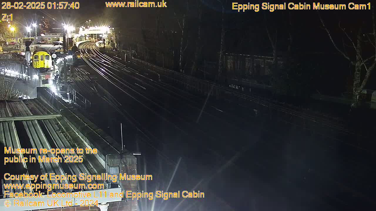 At night, a train sits in a rail yard illuminated by artificial lights, with numerous train tracks extending into the darkness.