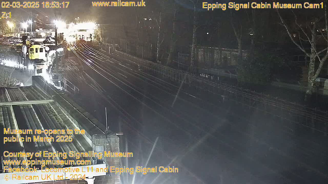 A nighttime view of a train station with a train passing by on multiple tracks, under dark skies.