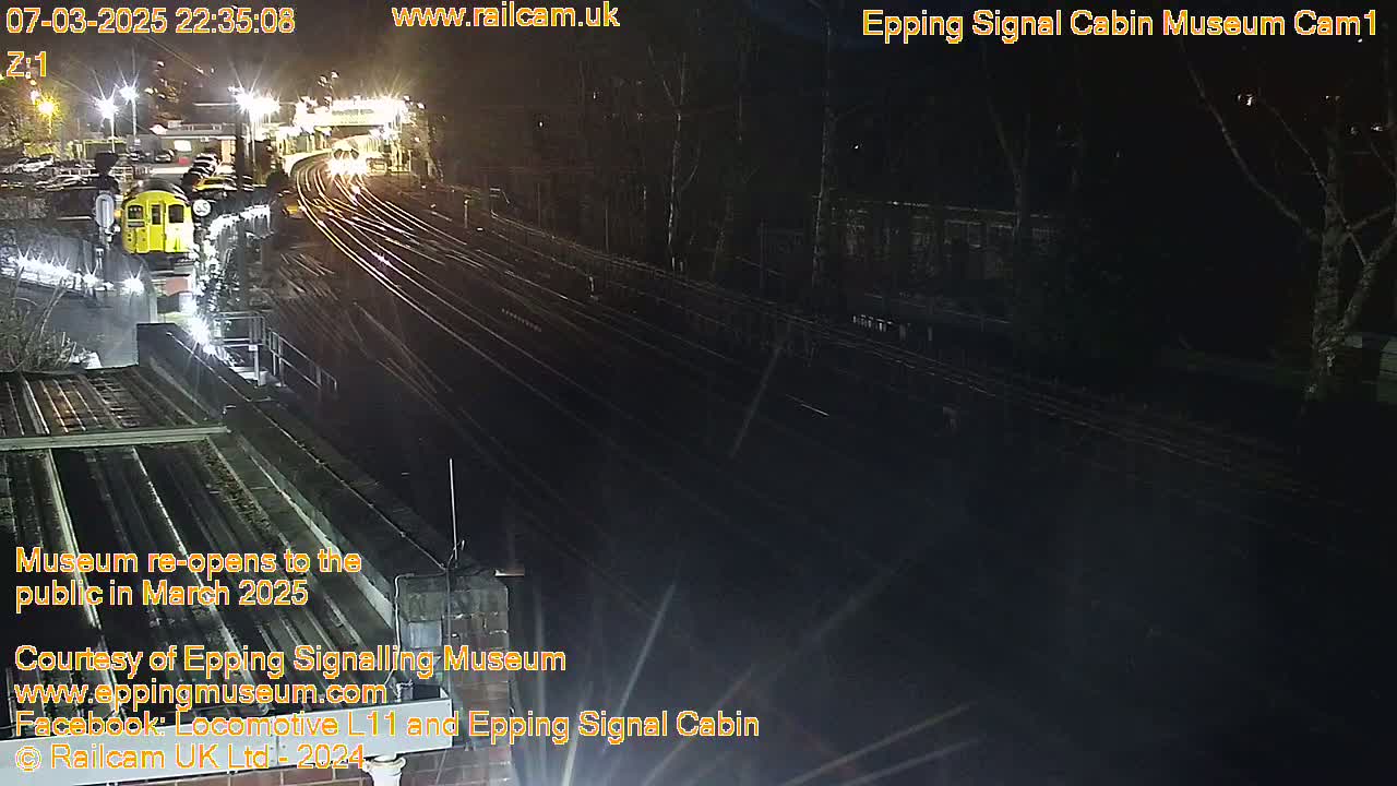 A nighttime, overhead view shows a train in a station with multiple train tracks and surrounding trees.