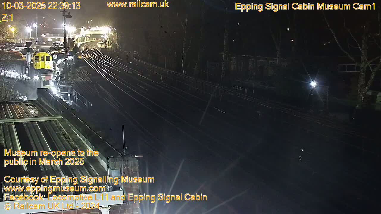 A nighttime view of a railway station with several train tracks, a train visible in the distance, and surrounding trees under artificial lighting.