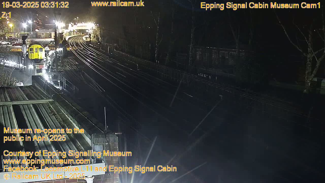 A nighttime view of a train station with a single train visible on the tracks, surrounded by trees and buildings under artificial light.