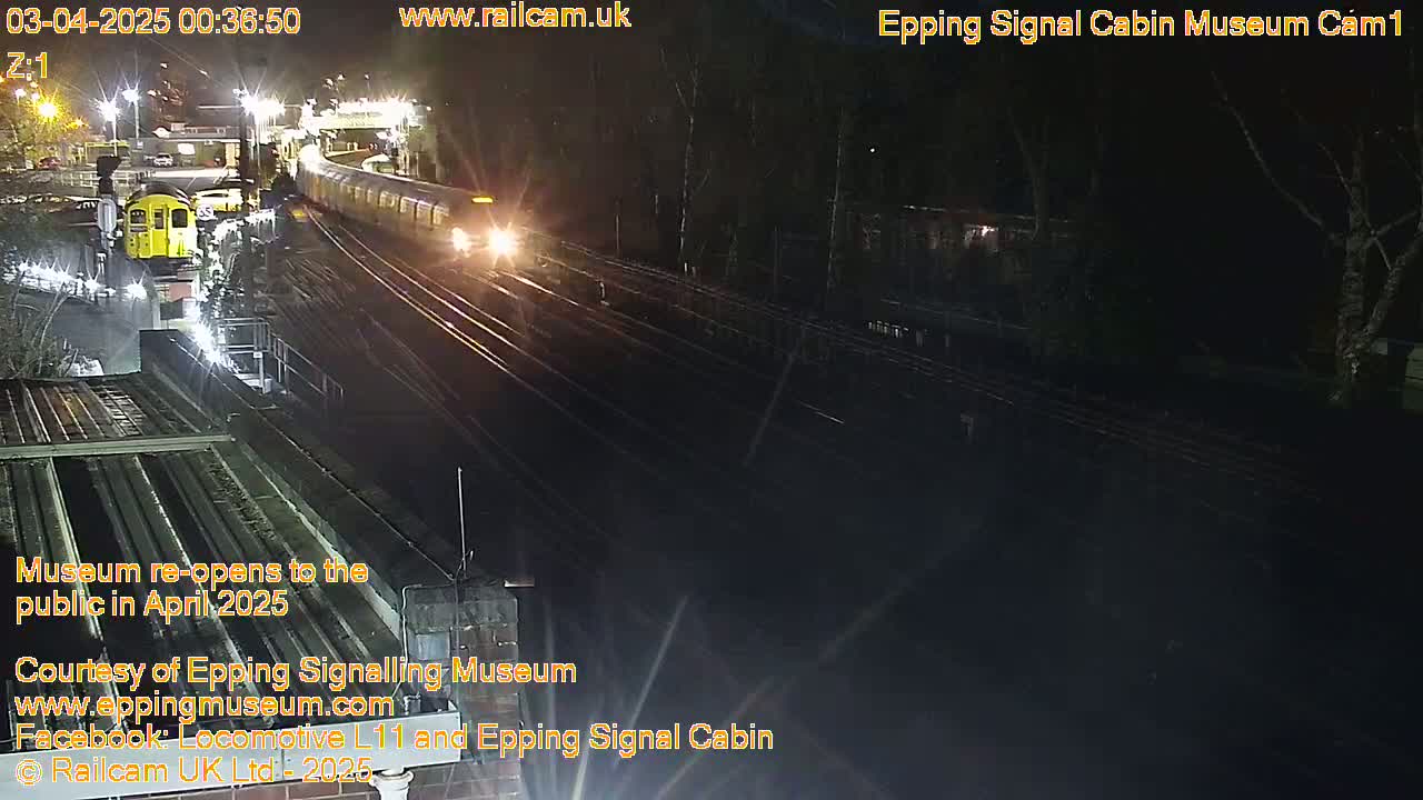 A train passes through a station at night.