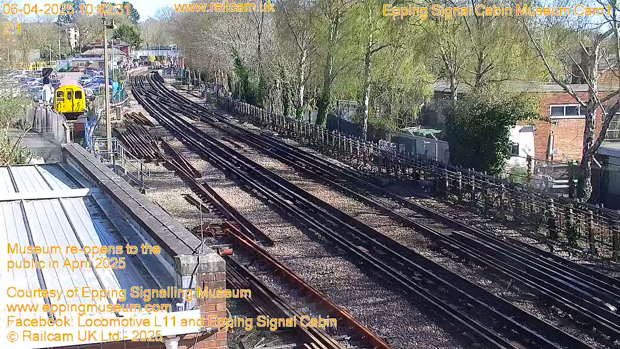 A yellow train sits in a train yard on a sunny day near several tracks and trees.