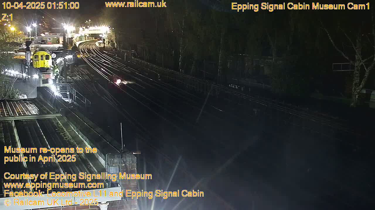 A nighttime, high-angle view shows a train on a set of tracks beside a rail station and surrounding trees.