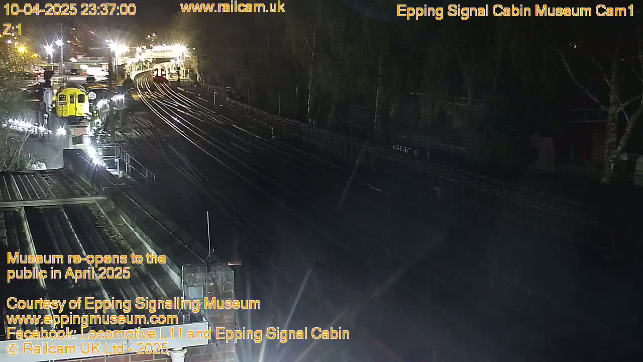 A nighttime view of a railway station with multiple train tracks, a yellow train, and surrounding trees under artificial light.
