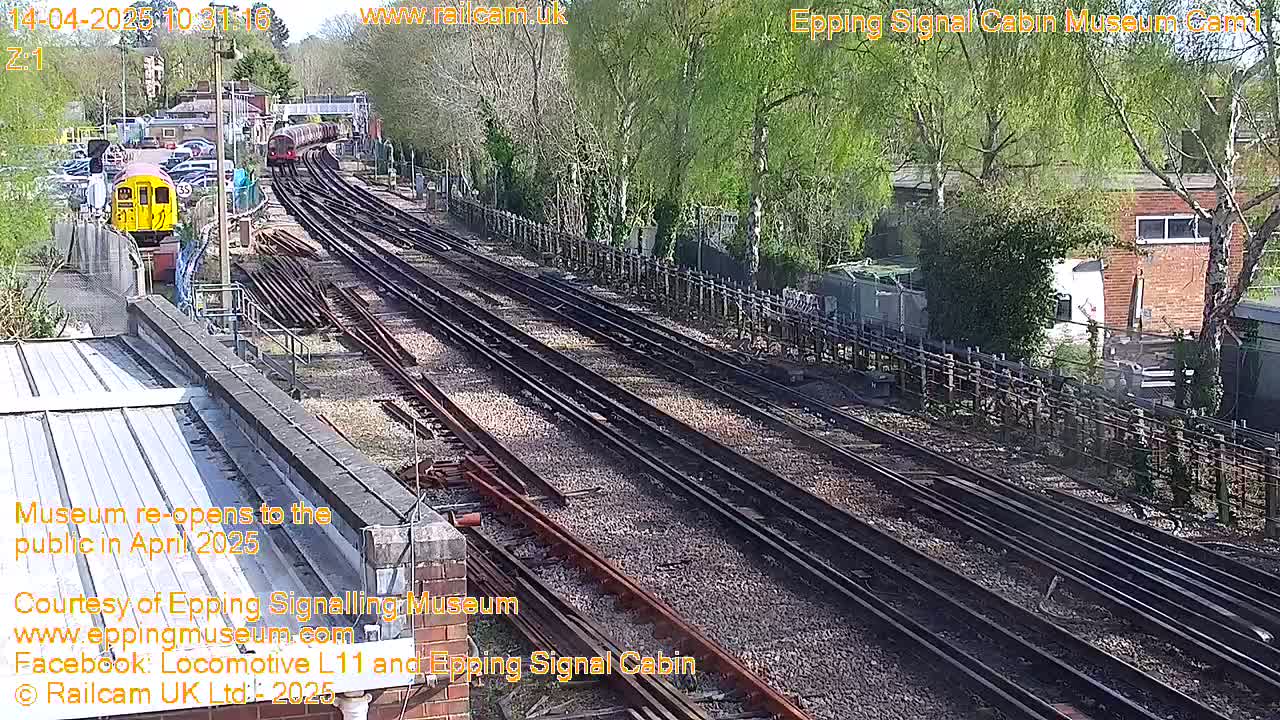 A sunny day at a railway station shows multiple train tracks, a yellow train, and several other rail cars, all surrounded by trees and buildings.