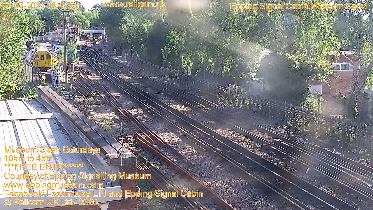 A yellow train sits near a railway station on a sunny day, with multiple train tracks extending into a tree-lined distance.