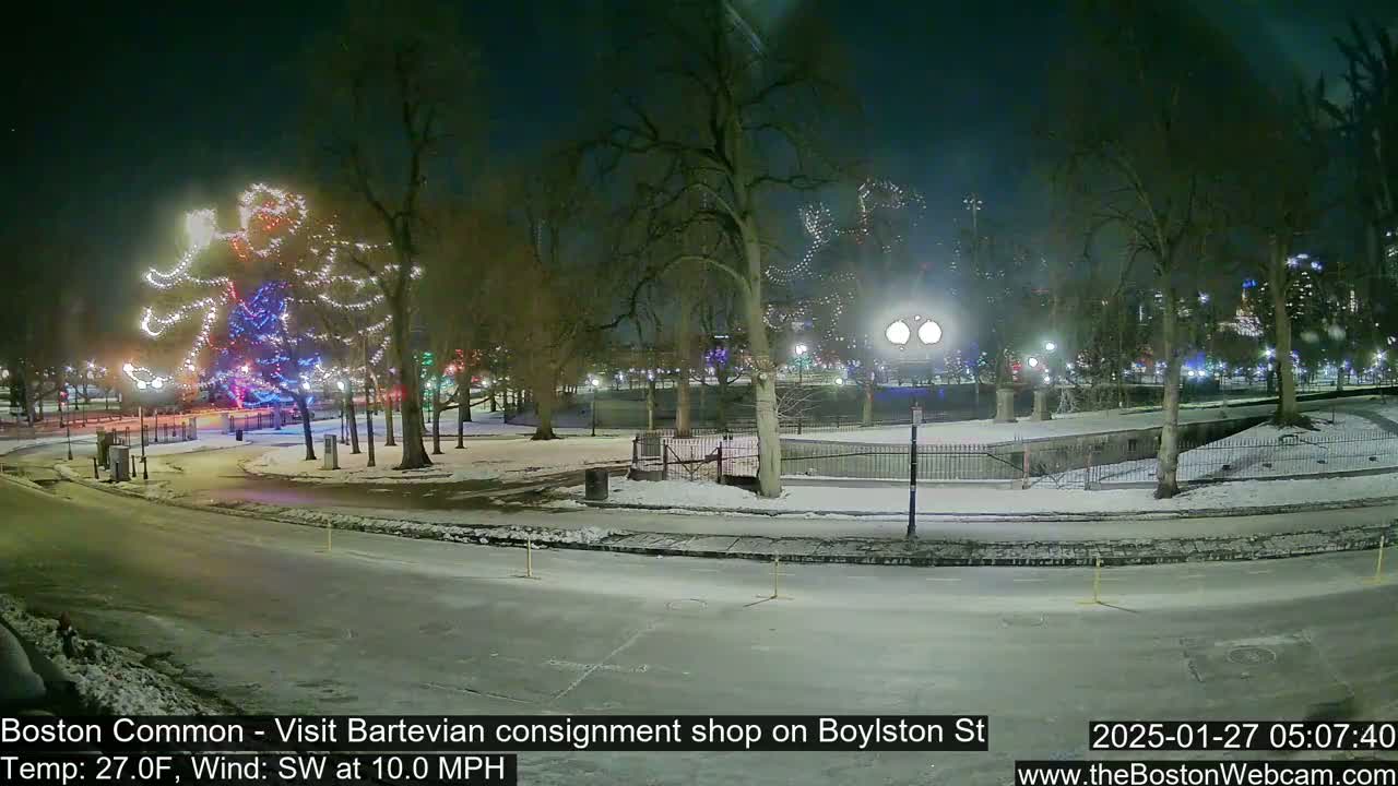 A snow-covered park at night is illuminated by streetlights and Christmas lights shaped like a whimsical figure on a tree.