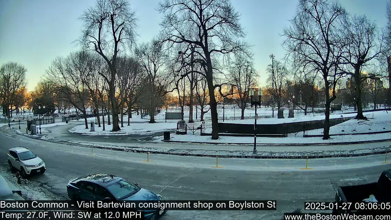 A snow-covered park with bare trees is visible from a street where two cars are parked, under a clear, twilight sky.
