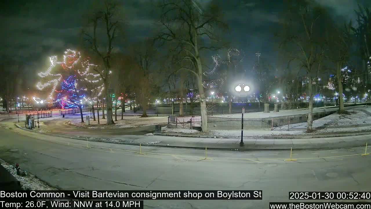 A nighttime view of a snow-covered park with Christmas lights illuminating trees and pathways, under a partly cloudy sky with a 14 mph wind.