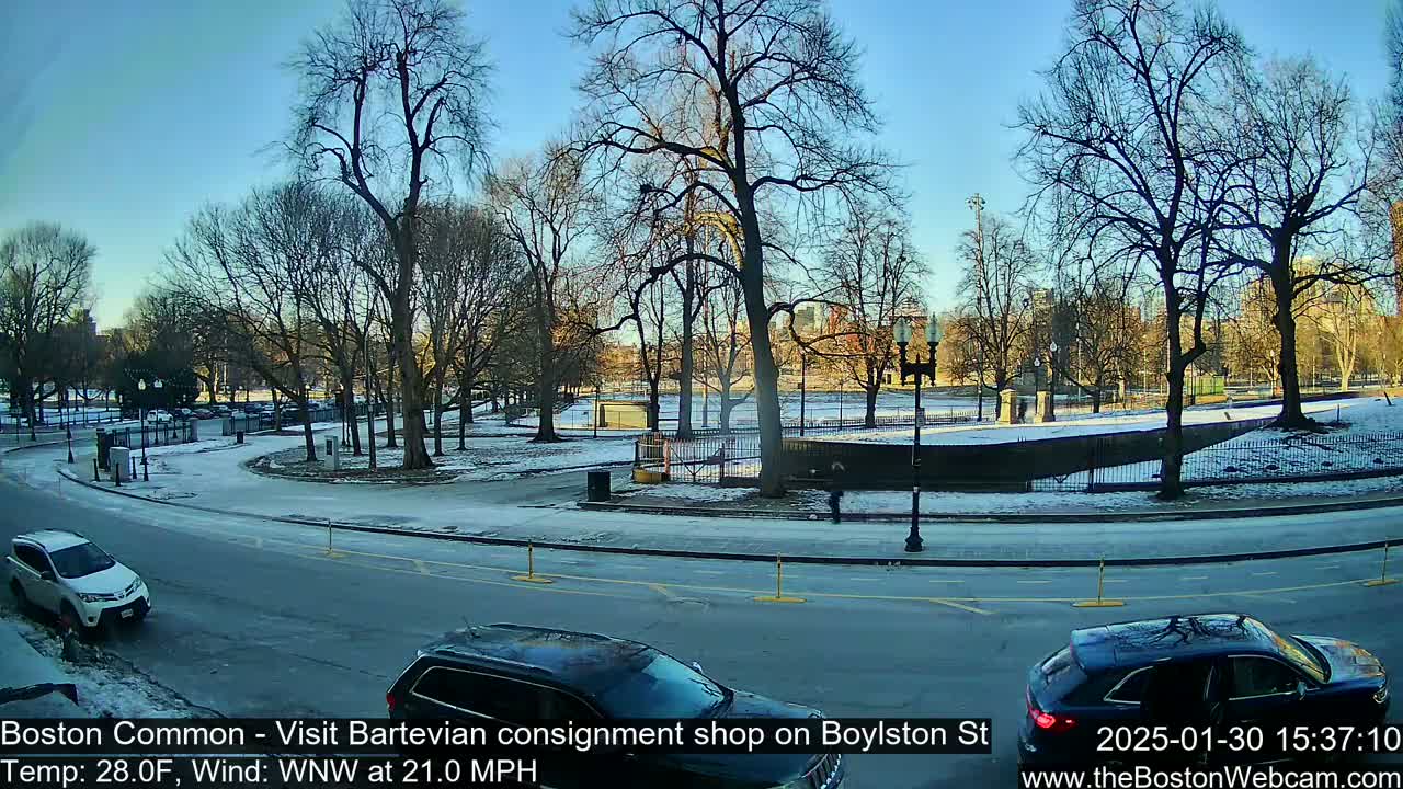 A partly sunny winter day shows a snow-covered park with bare trees and a roadway with several cars.