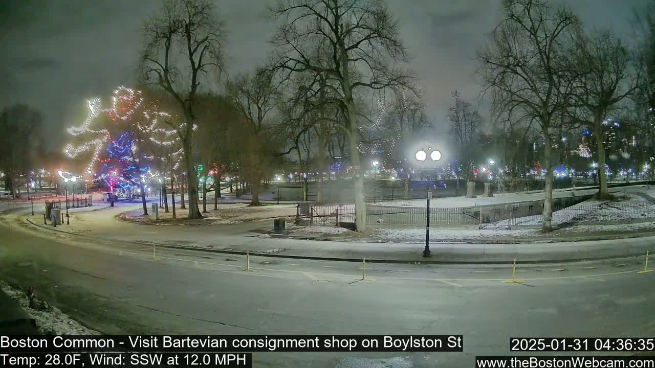 A snow-covered park at night, illuminated by streetlights and Christmas lights shaped like an angel, with a road curving through the scene.