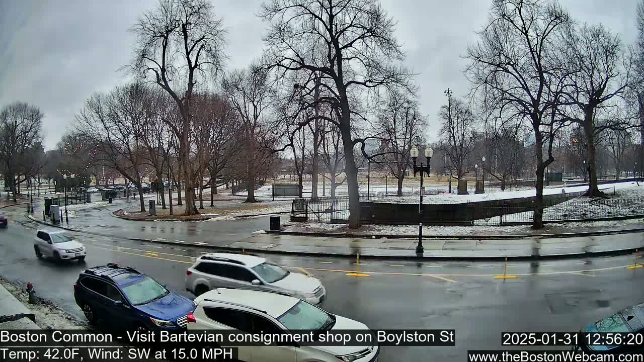 A wet, overcast day shows several cars driving on a roadway curving around a snow-dusted park with bare, leafless trees.