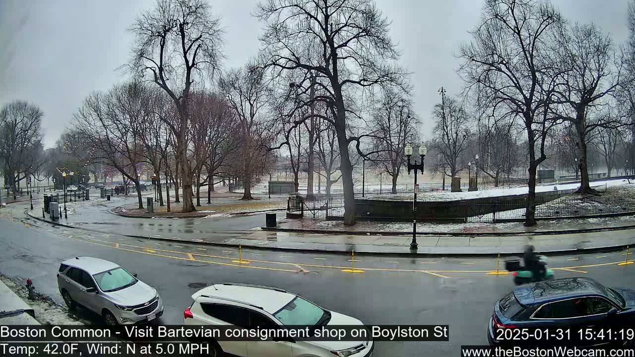 A wet, overcast day in a park with bare trees, showing cars driving on a roadway next to a snow-dusted park area.