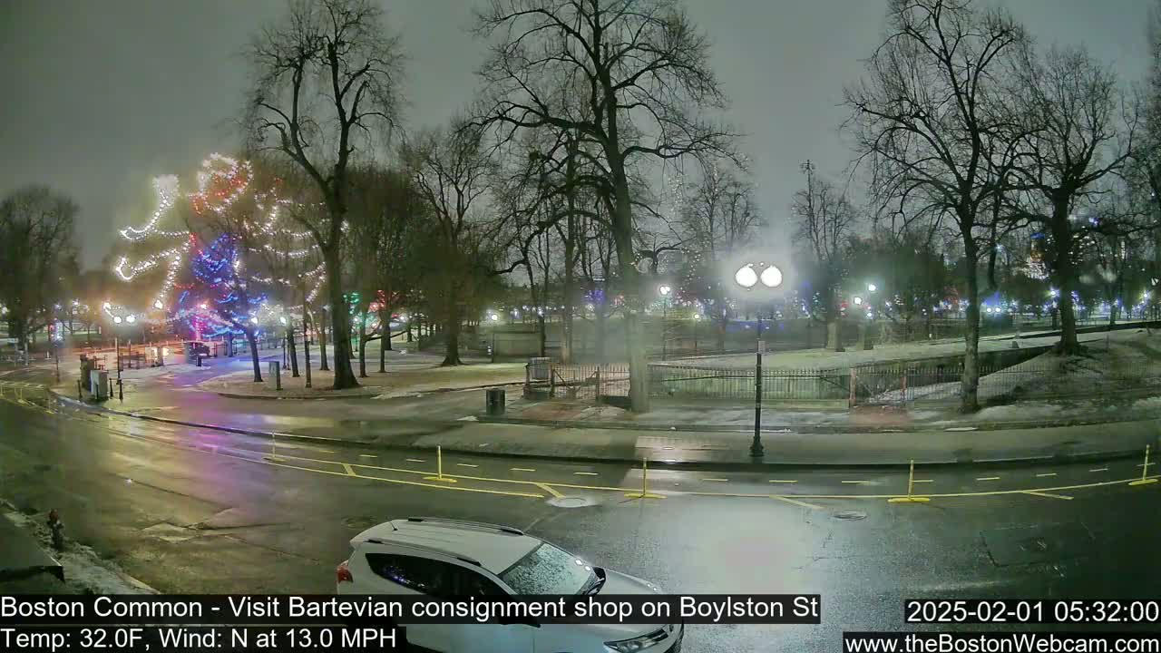 A nighttime view of a park with a decorated tree, a street, and a car, under a cloudy sky with a north wind at 13 mph and a temperature of 32°F.