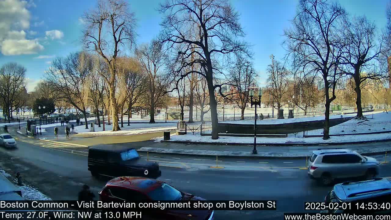 A sunny winter scene shows a snow-dusted park and street with several cars and pedestrians, under a mostly clear blue sky.