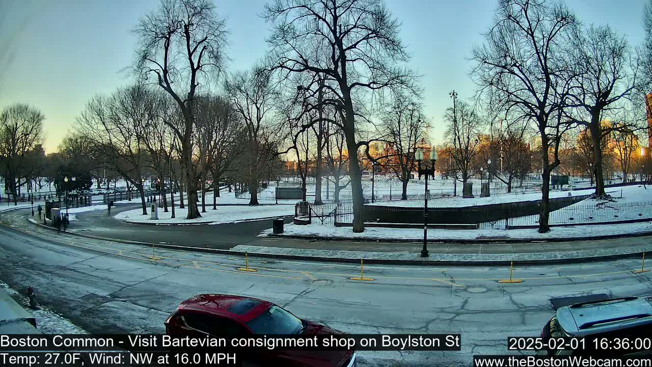 A snow-covered park with bare trees is visible from a street, where cars are parked and a red car is driving, under a clear twilight sky.