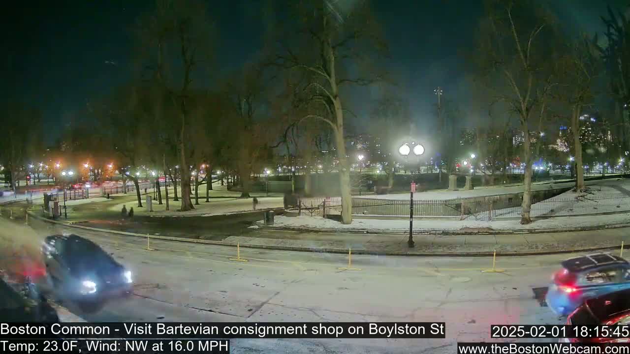 A snow-covered park at night with a few cars driving on a nearby street, under a dark, clear sky.
