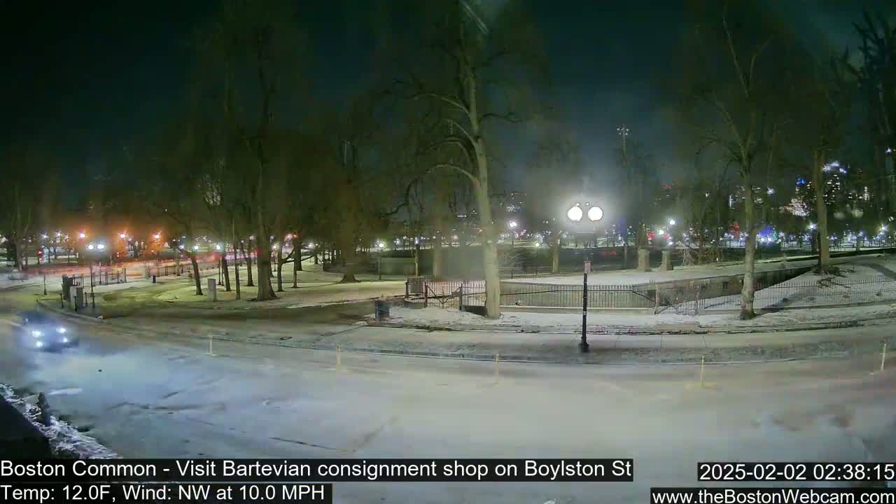 A snow-covered park at night, with a few cars visible on a nearby road, under a dark sky.