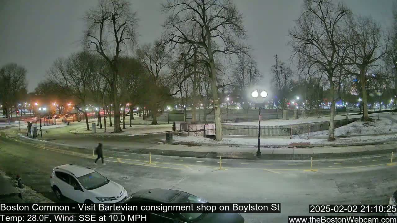A nighttime view of a snow-covered park with a few pedestrians and vehicles on a road nearby, under a cloudy sky.
