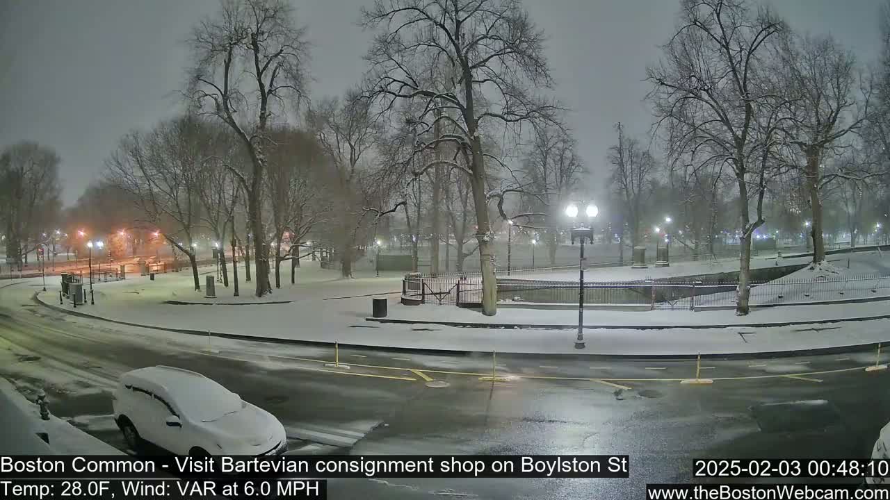 A snow-covered park at night, with a snow-covered vehicle parked on a road that curves through it.