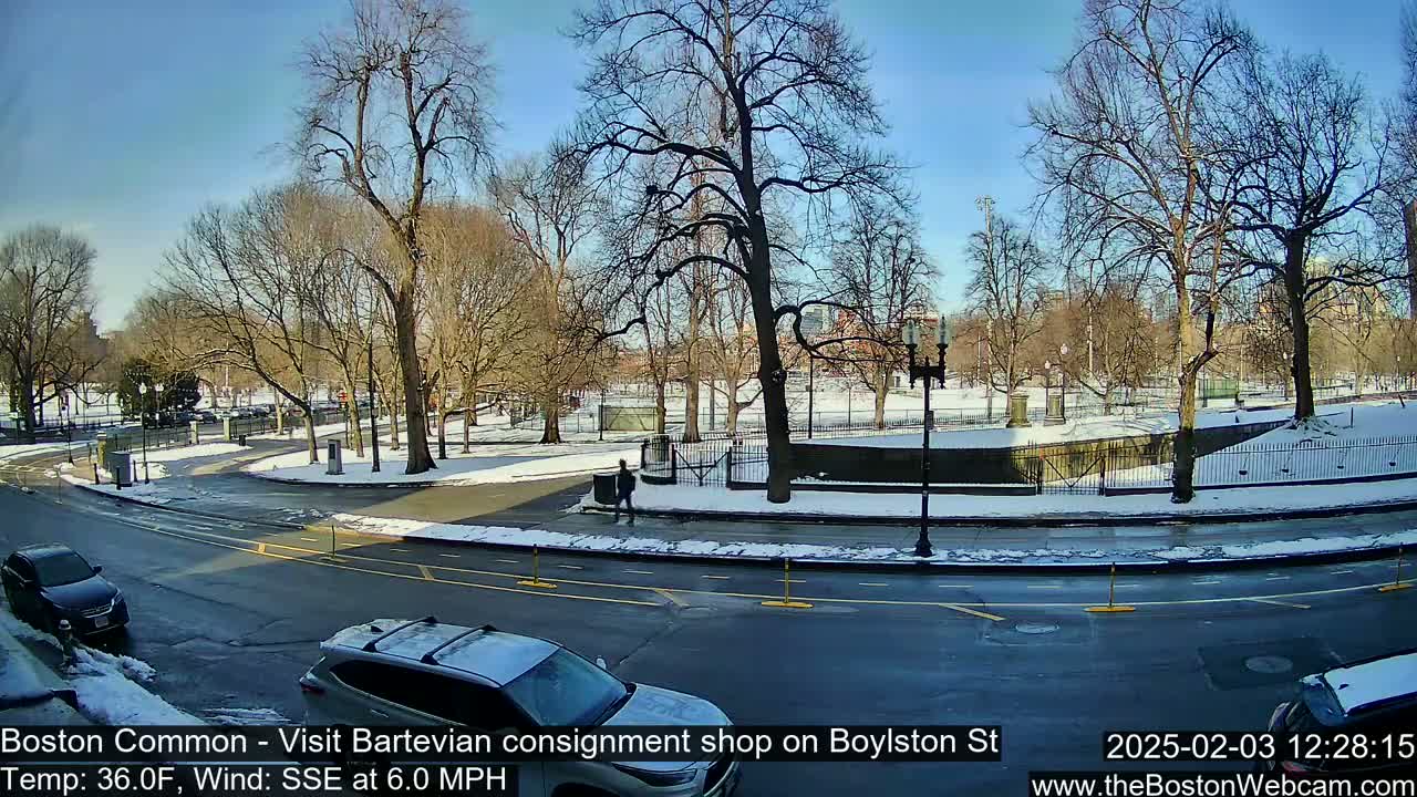 A partly sunny winter day shows a snow-dusted park with bare trees, a roadway, and several cars.