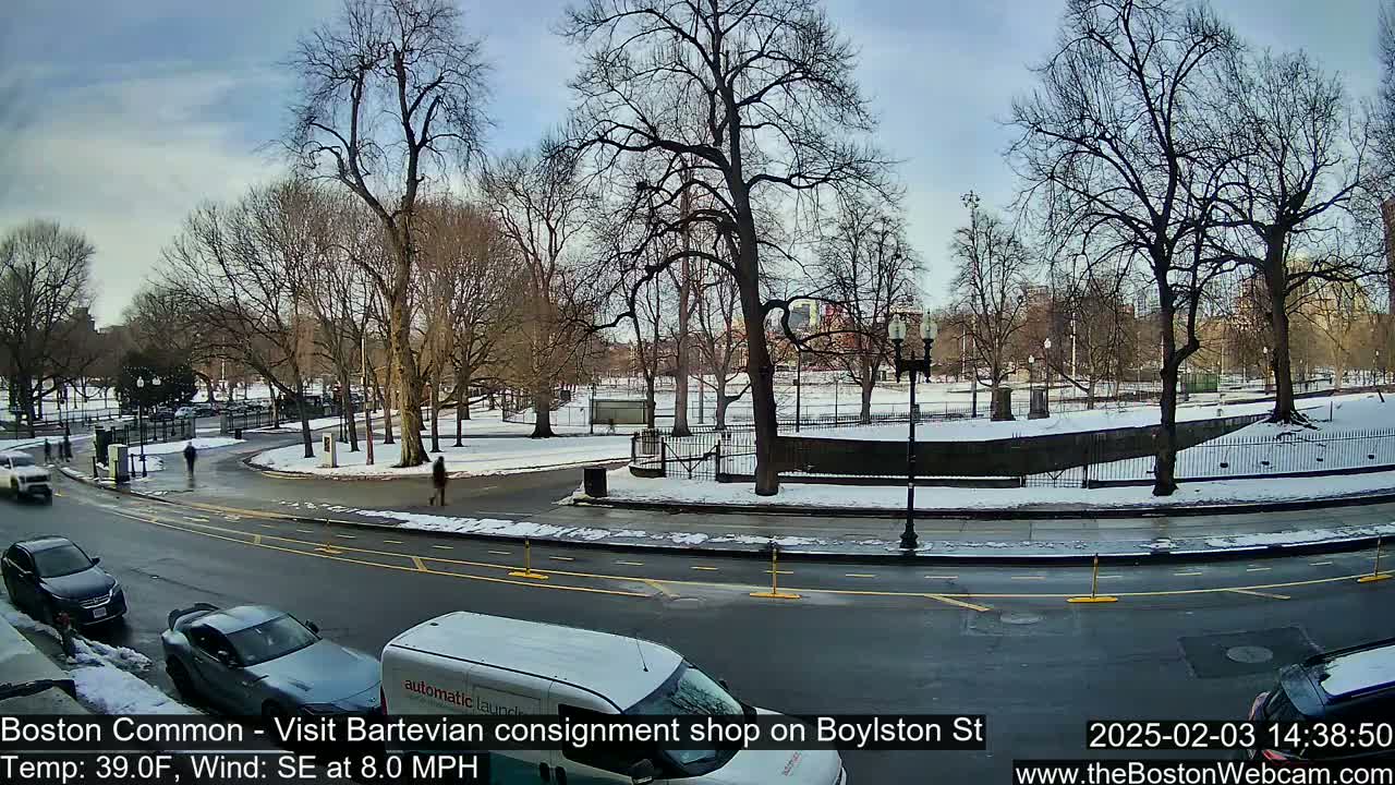 A snow-covered park with bare trees is visible from a city street where several cars are parked and a few people are walking.