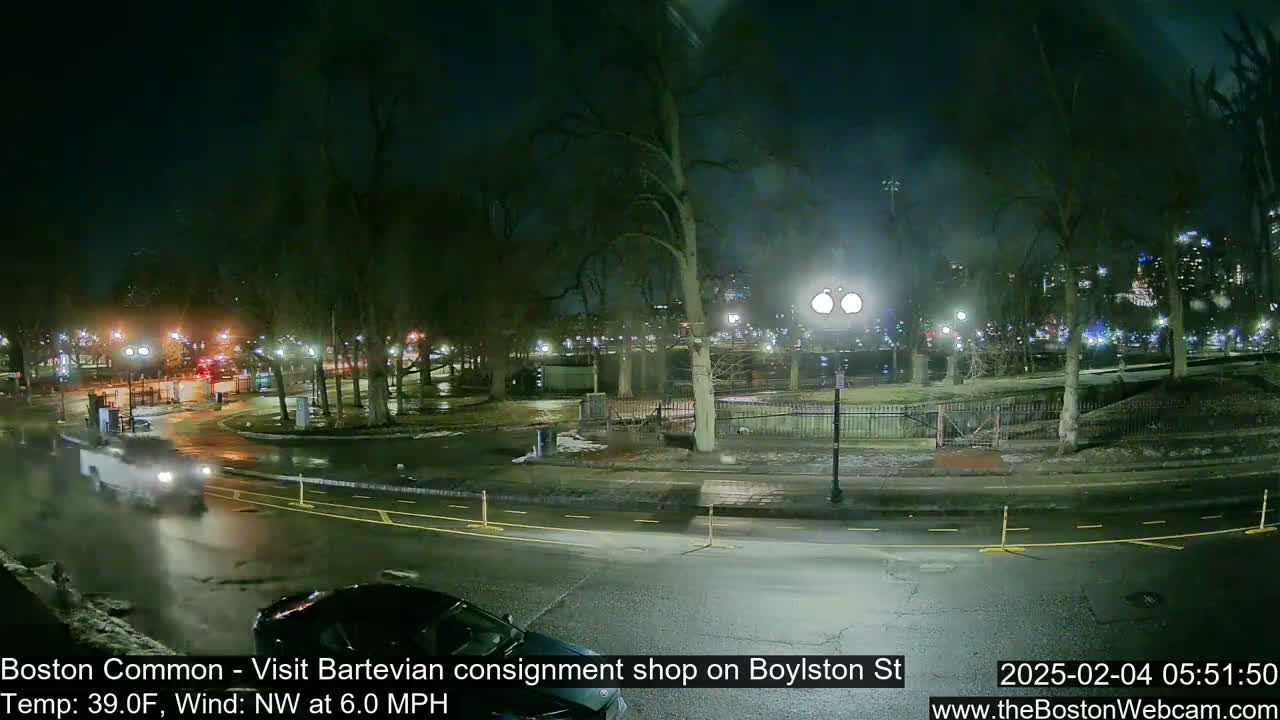 A nighttime view of a park with wet roads and cars driving by under a dark, clear sky.