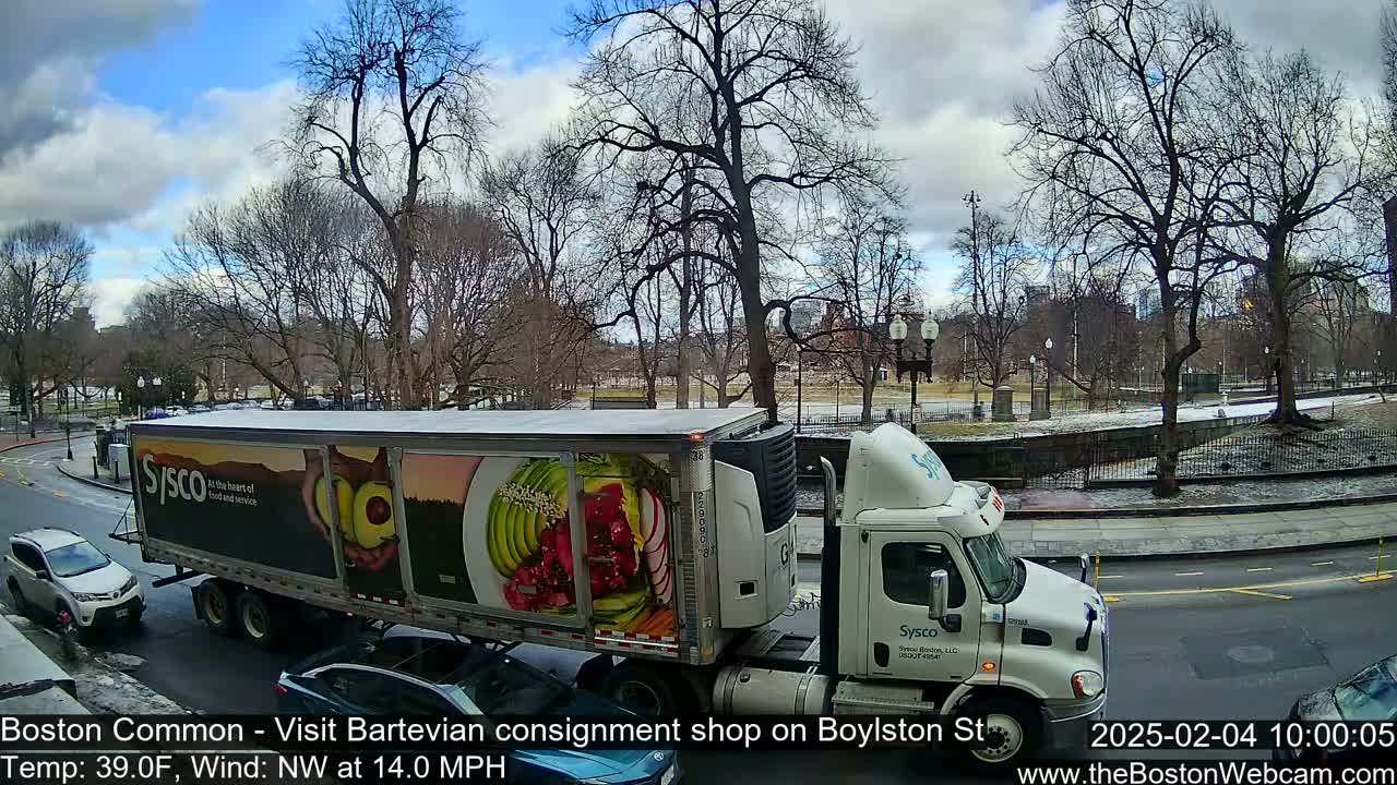 A large Sysco delivery truck with a vibrant food image on its side drives past a park with bare trees under a partly cloudy sky.