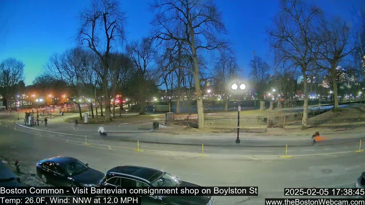A nighttime view of a park with bare trees, streetlights, and a few pedestrians, under a clear, dark blue sky.