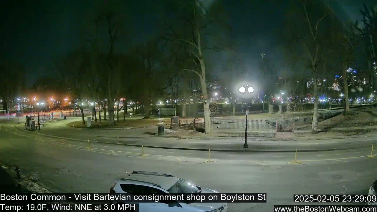 A nighttime view of a park with a road and a car, under a clear sky with a 19°F temperature and a 3.0 mph north-northeast wind.