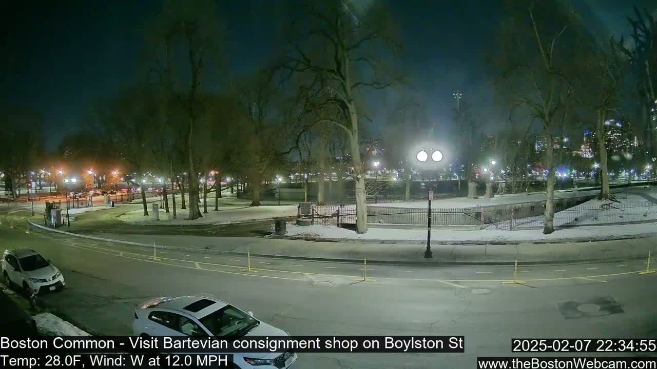A nighttime, snowy scene shows a park with bare trees, a street with parked cars, and city lights in the distance under a mostly clear sky.