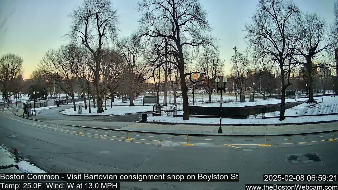 A snow-covered park with bare trees and a curving road is visible at sunrise under a clear sky, with a light westerly wind.